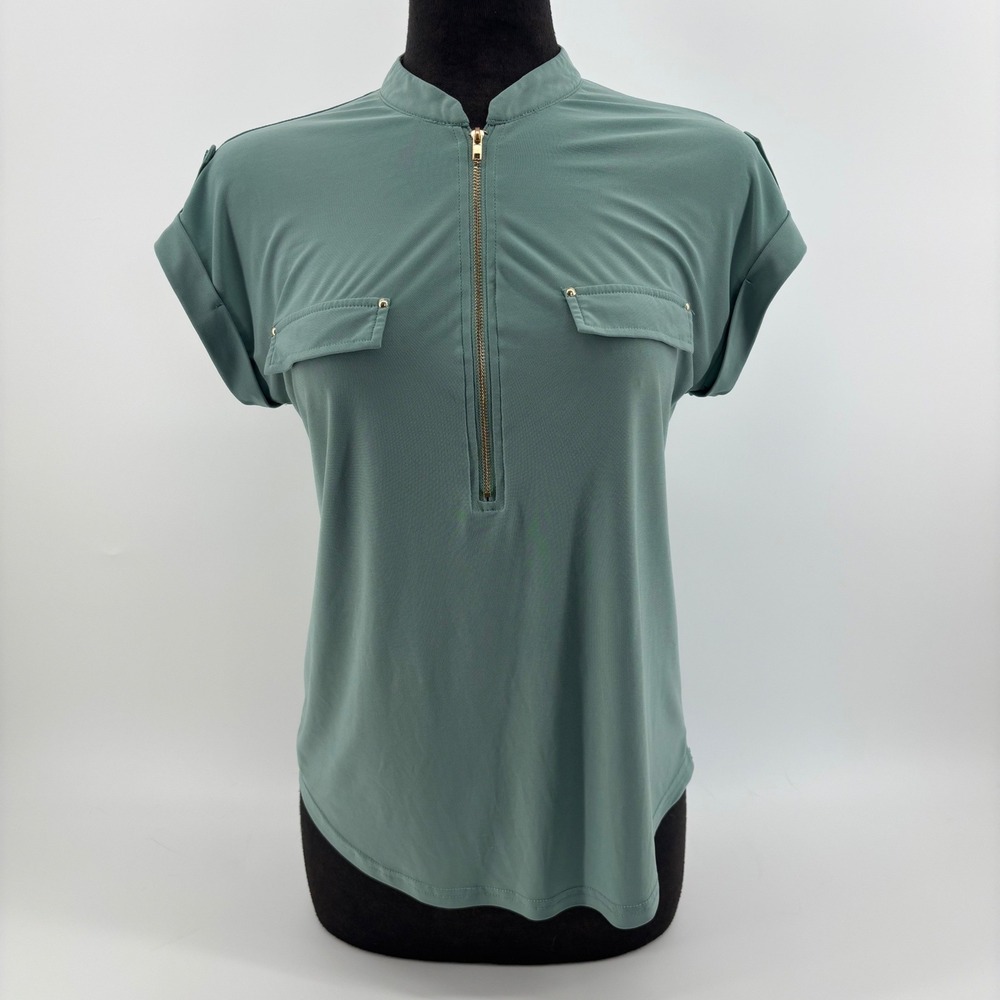 Womens Sage Green Quarter Gold Zip Utility Blouse Short Sleeve Casual Size M